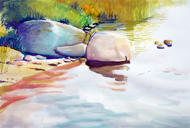 Painting titled "stone in the water 1" by Emilia Amaro, Original Artwork, Watercolor