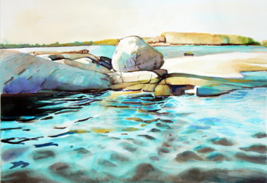 Painting titled "Stone on the beach" by Emilia Amaro, Original Artwork, Watercolor