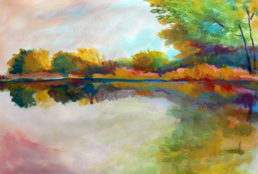 Painting titled "Pond in colors" by Emilia Amaro, Original Artwork, Watercolor