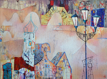 Painting titled "Old city Original…" by Emil Hasenrick, Original Artwork, Acrylic Mounted on Other rigid panel