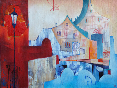 Painting titled "Old city Original…" by Emil Hasenrick, Original Artwork, Acrylic Mounted on Other rigid panel