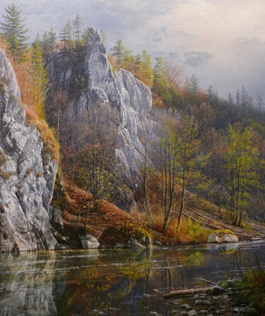 Painting titled "Sun rocks" by Emil Mlynarcik, Original Artwork, Oil Mounted on Wood Stretcher frame