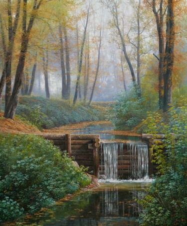 Peinture intitulée "Cascade under a pond" par Emil Mlynarcik, Œuvre d'art originale, Huile