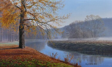Картина под названием "Autumn fog by the r…" - Emil Mlynarcik, Подлинное произведение искусства, Масло Установлен на Деревян…