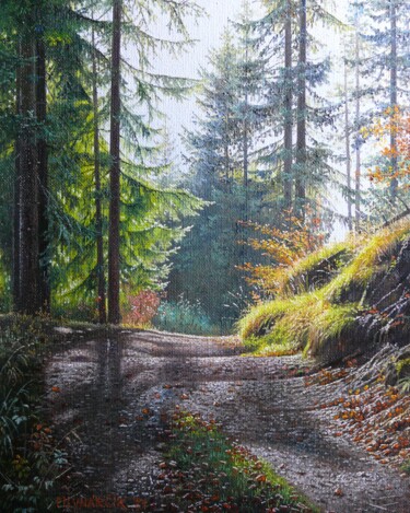 Painting titled "Shards of autumn II." by Emil Mlynarcik, Original Artwork, Oil Mounted on Wood Stretcher frame