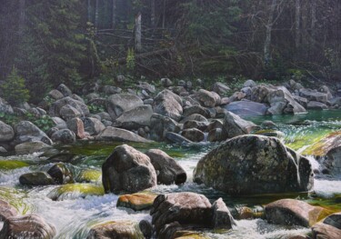 Schilderij getiteld "Wild forest stream" door Emil Mlynarcik, Origineel Kunstwerk, Olie Gemonteerd op Frame voor houten bran…