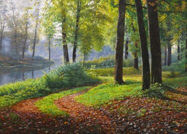 Painting titled "Path in the park" by Emil Mlynarcik, Original Artwork, Oil Mounted on Wood Stretcher frame