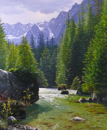 Painting titled "A stream hidden in…" by Emil Mlynarcik, Original Artwork, Oil Mounted on Wood Stretcher frame