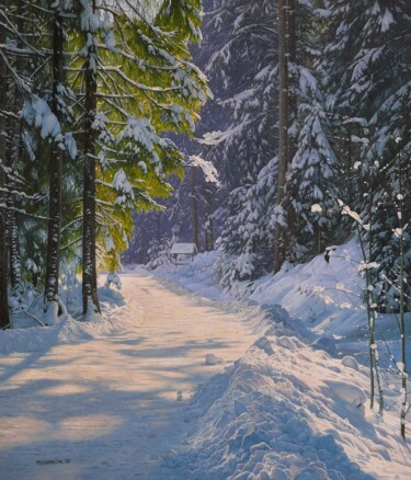 Painting titled "A walk  through the…" by Emil Mlynarcik, Original Artwork, Oil Mounted on Wood Stretcher frame