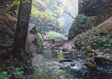 Schilderij getiteld "Mystic forest stream" door Emil Mlynarcik, Origineel Kunstwerk, Olie Gemonteerd op Frame voor houten br…