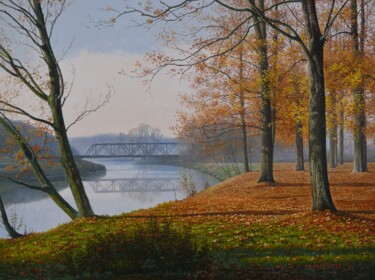 제목이 "Morning by the river"인 미술작품 Emil Mlynarcik로, 원작, 기름 나무 들것 프레임에 장착됨