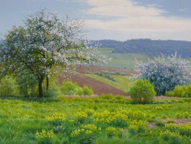 Painting titled "May landscape" by Emil Mlynarcik, Original Artwork, Oil