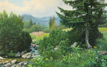 Painting titled "Spring mountain lan…" by Emil Mlynarcik, Original Artwork, Oil Mounted on Wood Stretcher frame