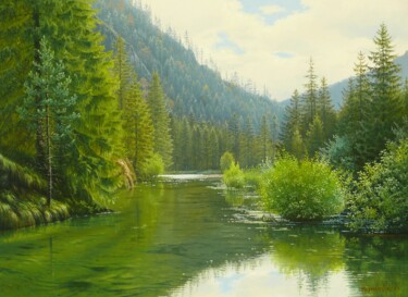 Painting titled "Quiet water in the…" by Emil Mlynarcik, Original Artwork, Oil Mounted on Wood Stretcher frame