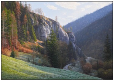 Painting titled "Frosty mountain mor…" by Emil Mlynarcik, Original Artwork, Oil Mounted on Wood Stretcher frame
