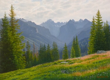 Painting titled "Summer in the mount…" by Emil Mlynarcik, Original Artwork, Oil Mounted on Wood Stretcher frame