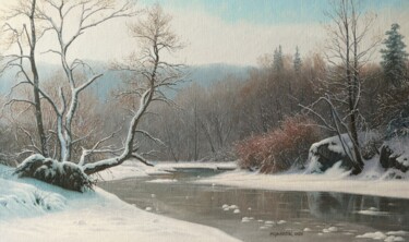 Painting titled "Winter by the river" by Emil Mlynarcik, Original Artwork, Oil Mounted on Wood Stretcher frame