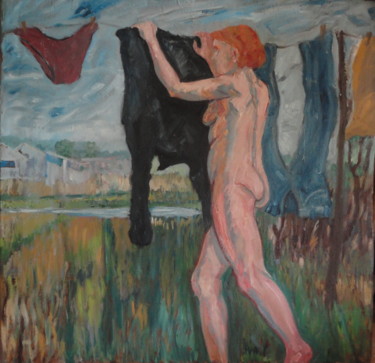 Peinture intitulée ""Etendage"" par Emile Paya, Œuvre d'art originale, Huile