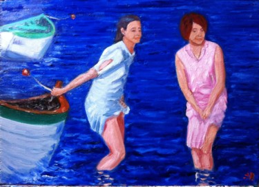 Peinture intitulée ""Le Petit bain"" par Emile Paya, Œuvre d'art originale, Huile