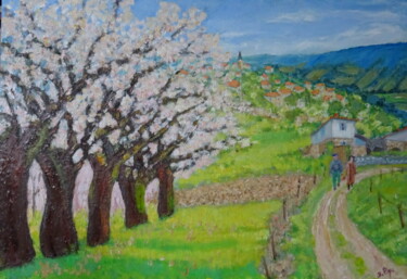 Peinture intitulée ""Cerisiers en fleur…" par Emile Paya, Œuvre d'art originale, Huile