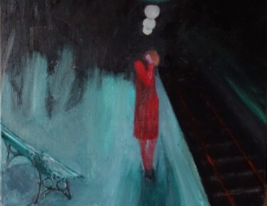 Painting titled ""Elle attend un tra…" by Emile Paya, Original Artwork, Oil Mounted on Wood Stretcher frame