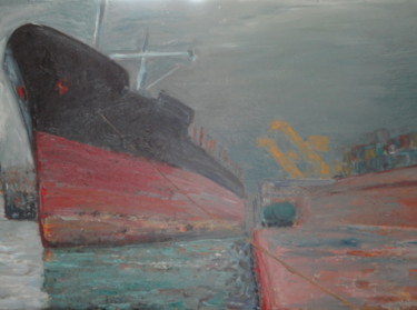 Peinture intitulée ""Cargo à quai"" par Emile Paya, Œuvre d'art originale, Huile