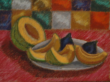 Peinture intitulée ""Figues et melon"" par Emile Paya, Œuvre d'art originale, Pastel