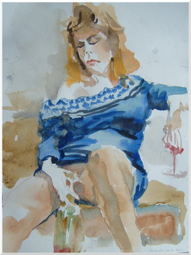 Peinture intitulée "Femme assoupie en r…" par Émile Thibaut, Œuvre d'art originale, Aquarelle
