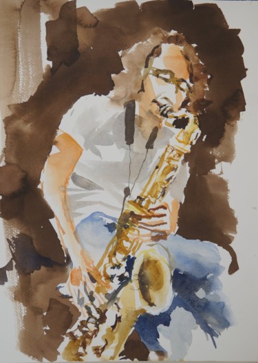 Peinture intitulée "Saxophoniste" par Émile Thibaut, Œuvre d'art originale, Aquarelle