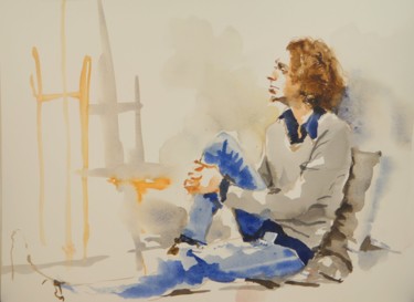 Peinture intitulée "Jeune homme assis c…" par Émile Thibaut, Œuvre d'art originale, Aquarelle