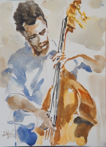Peinture intitulée "Bassiste" par Émile Thibaut, Œuvre d'art originale, Aquarelle