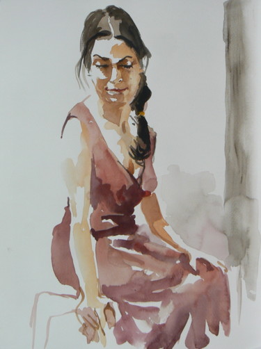 Peinture intitulée "jeune femme en robe…" par Émile Thibaut, Œuvre d'art originale, Aquarelle