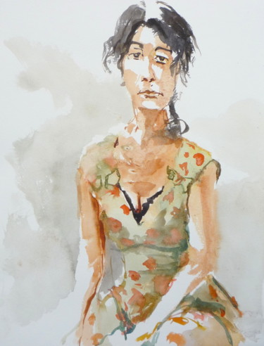 Peinture intitulée "Jeune femme en robe…" par Émile Thibaut, Œuvre d'art originale, Aquarelle