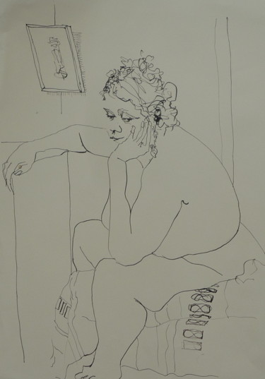 Dessin intitulée "pensive" par Émile Thibaut, Œuvre d'art originale, Encre
