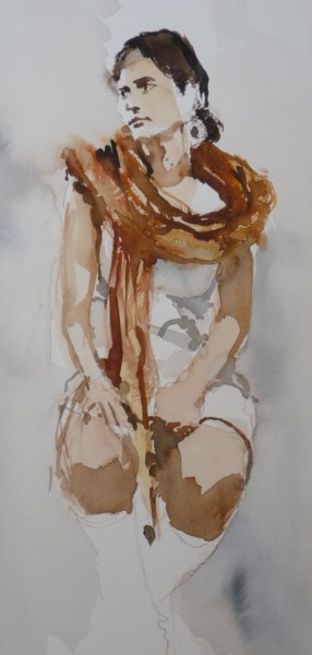 Pittura intitolato "Femme en robe blanc…" da Émile Thibaut, Opera d'arte originale
