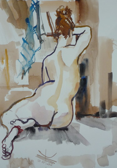 Pintura intitulada "nu à contre-jour" por Émile Thibaut, Obras de arte originais, Aquarela