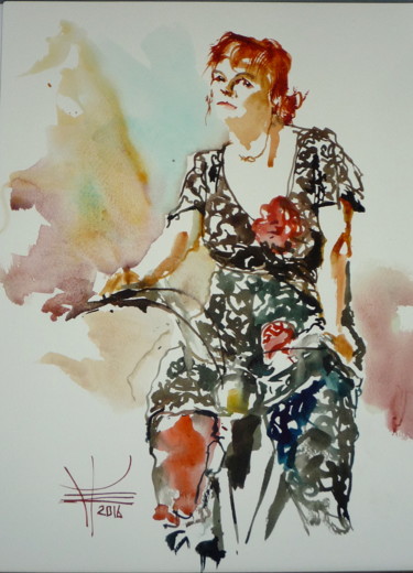 Peinture intitulée "Femme et sa bicycle…" par Émile Thibaut, Œuvre d'art originale, Aquarelle