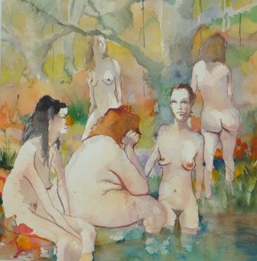 Pintura intitulada "women in peaceful l…" por Émile Thibaut, Obras de arte originais, Aquarela