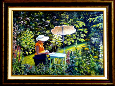 Peinture intitulée "amoureuse du jardin" par Emile Wouters, Œuvre d'art originale, Huile