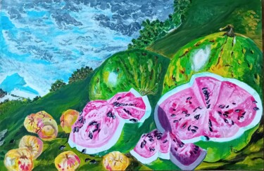 Malerei mit dem Titel "Pastèques et pommes…" von Emilia Iftime, Original-Kunstwerk, Acryl