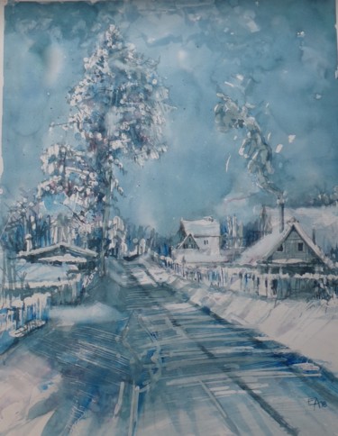 Painting titled "Blizzard sur le vil…" by Emilian Alexianu, Original Artwork, Watercolor Mounted on Cardboard
