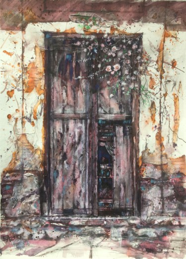 Malerei mit dem Titel "La vieille porte 3" von Emilian Alexianu, Original-Kunstwerk, Aquarell