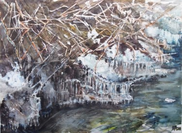 Pintura intitulada "Lac gelé à Gérardmer" por Emilian Alexianu, Obras de arte originais, Aquarela