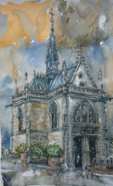 Painting titled "La chapelle du chât…" by Emilian Alexianu, Original Artwork, Watercolor