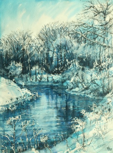 Painting titled "Crique sous la neige" by Emilian Alexianu, Original Artwork, Watercolor