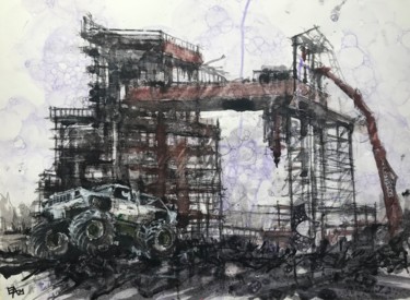 Painting titled "Site industriel aba…" by Emilian Alexianu, Original Artwork, Watercolor