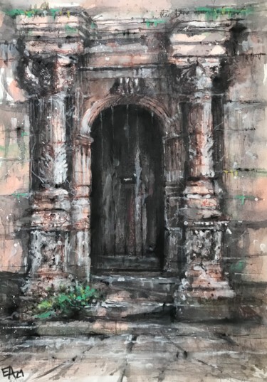 Peinture intitulée "La vieille porte 5" par Emilian Alexianu, Œuvre d'art originale, Aquarelle