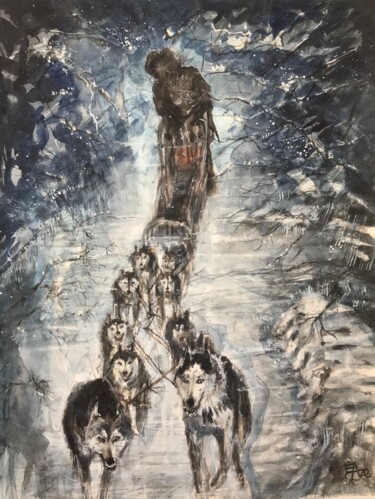 Malerei mit dem Titel "La course Yukon Que…" von Emilian Alexianu, Original-Kunstwerk, Aquarell