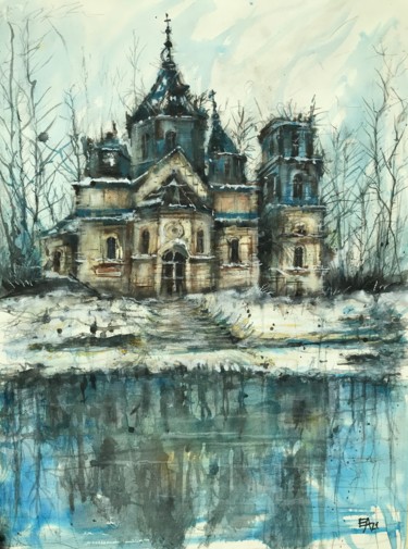 Malerei mit dem Titel "Vieille église sous…" von Emilian Alexianu, Original-Kunstwerk, Aquarell