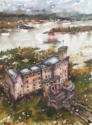 Painting titled "Château en Ecosse" by Emilian Alexianu, Original Artwork, Watercolor